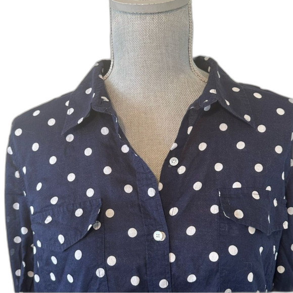 TALBOTS Blouse Women’s SZ M Polka Dot Button Front Long Sleeve Cotton Blue White - Picture 2 of 11